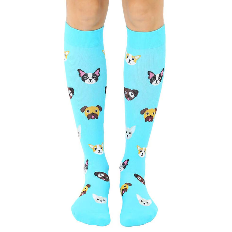 Living Royal Dog Faces on Bright Blue Compression Socks