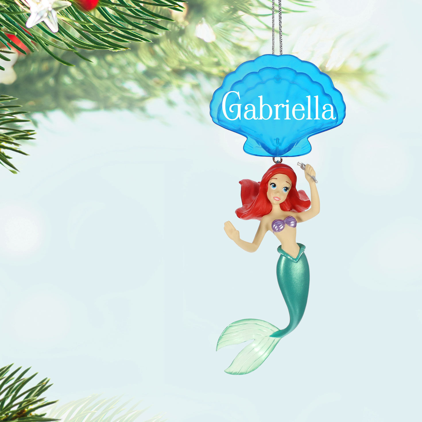 Little Mermaid With Shell Personalized Ornament hanging on tree image number 2