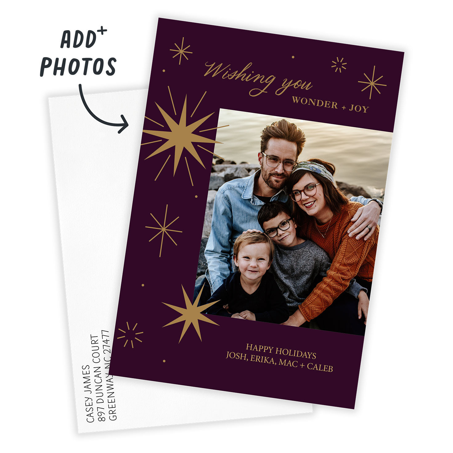 Gold Stars on Plum Personalized Holiday Photo Card Card with Envelope indicating personalization image number 2