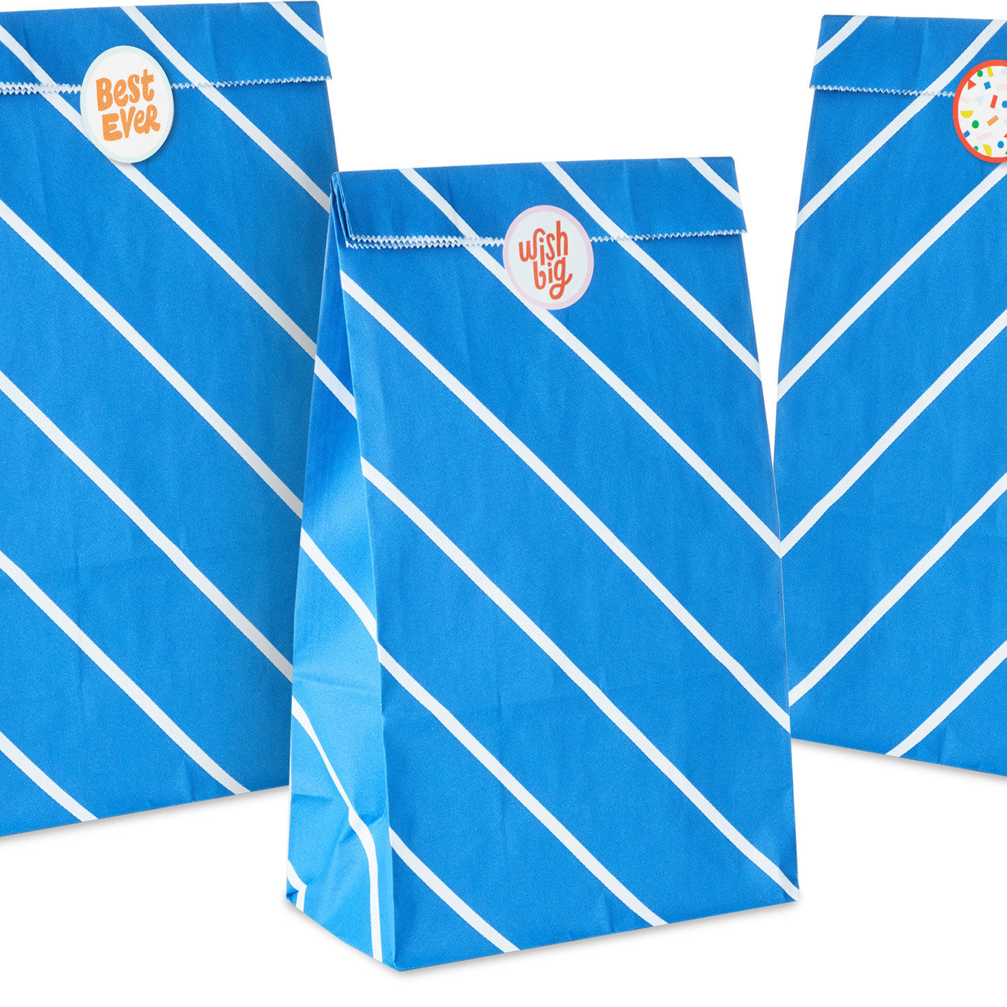 White Stripes on Blue Paper Treat Sacks With Stickers upclose view image number 5