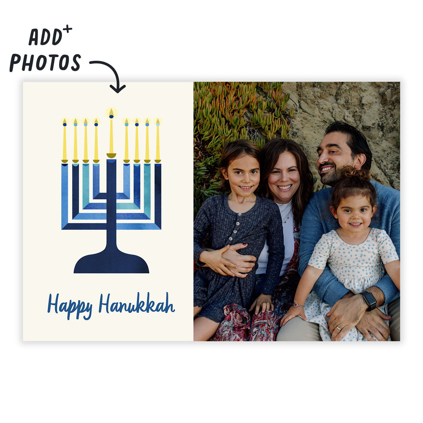 Blue Menorah With Candles Personalized Hanukkah Card Card Front indicating personalization image number 2