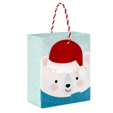 6.5" Polar Bear With Fuzzy Hat Small Christmas Gift Bag, , large