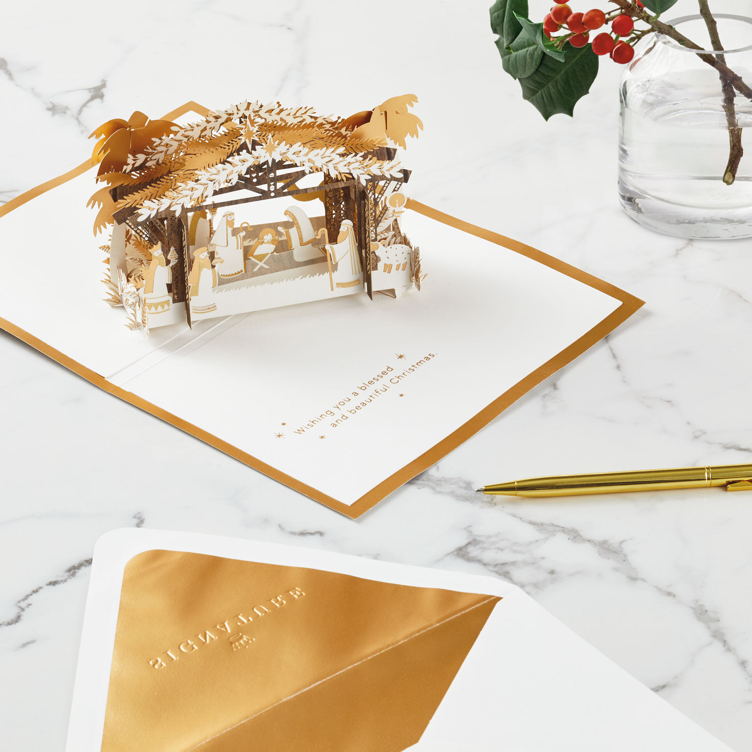 Gold Nativity 3D Pop-Up Christmas Card Open cardwith envelope and pen image number 8