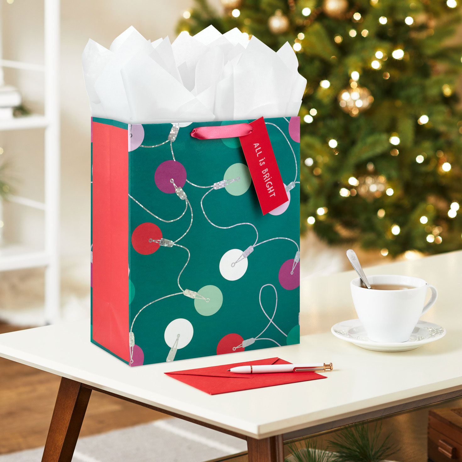 13 Glitzy Lights on Green Large Christmas Gift Bag Gift Bags Hallmark