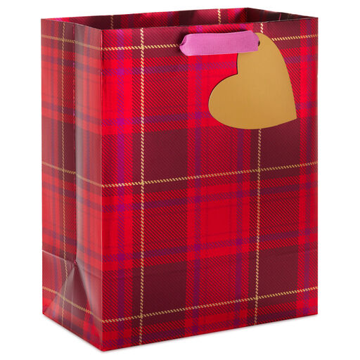 9.6" Metallic Red Plaid Medium Valentine's Day Gift Bag, 