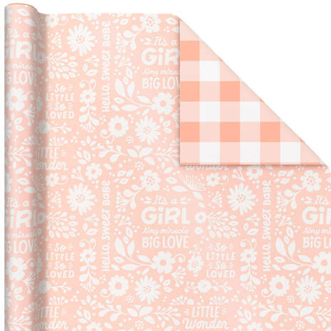 Baby Girl Lettering/Pink Gingham Reversible Wrapping Paper, 20 sq. ft., , large