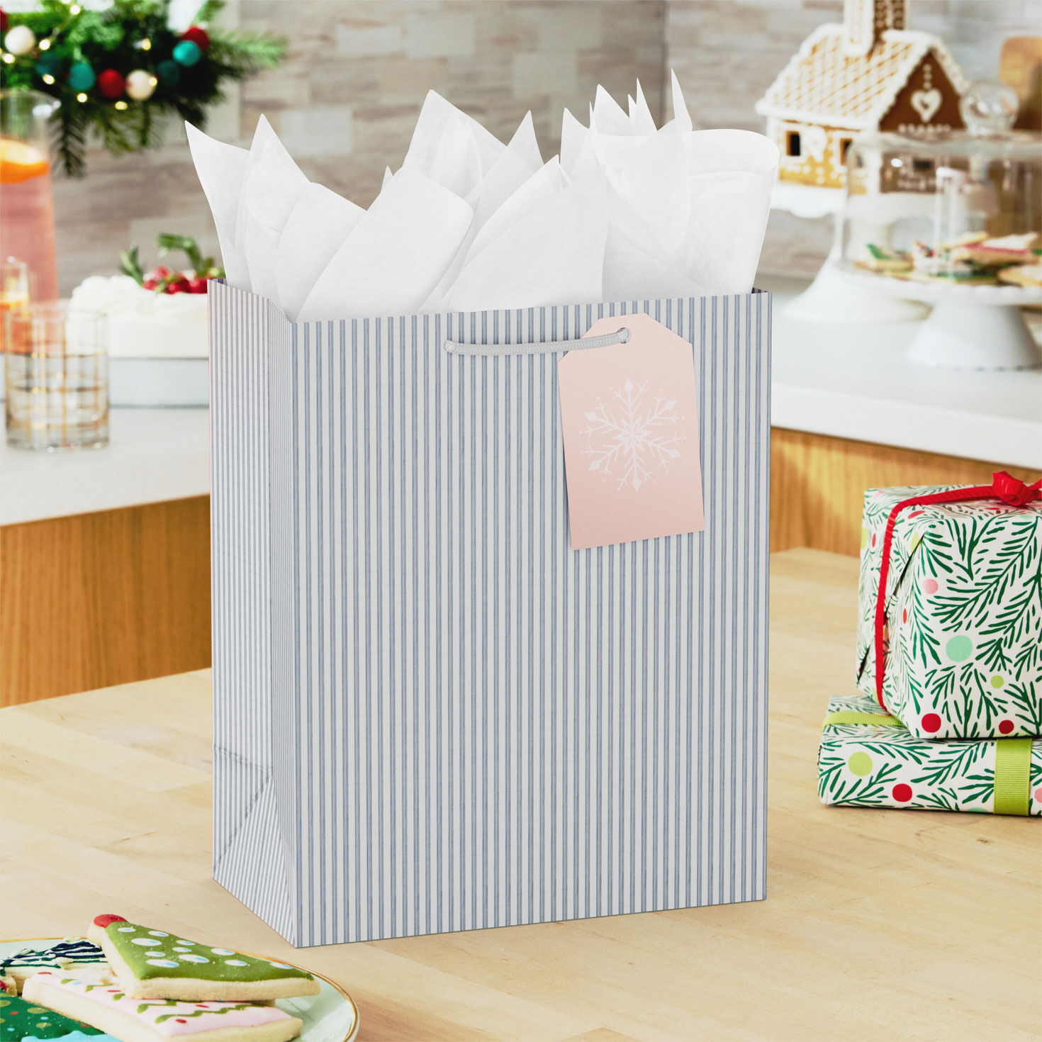 Stripes and Rose Gold Medium Holiday Gift Bag in use image number 2
