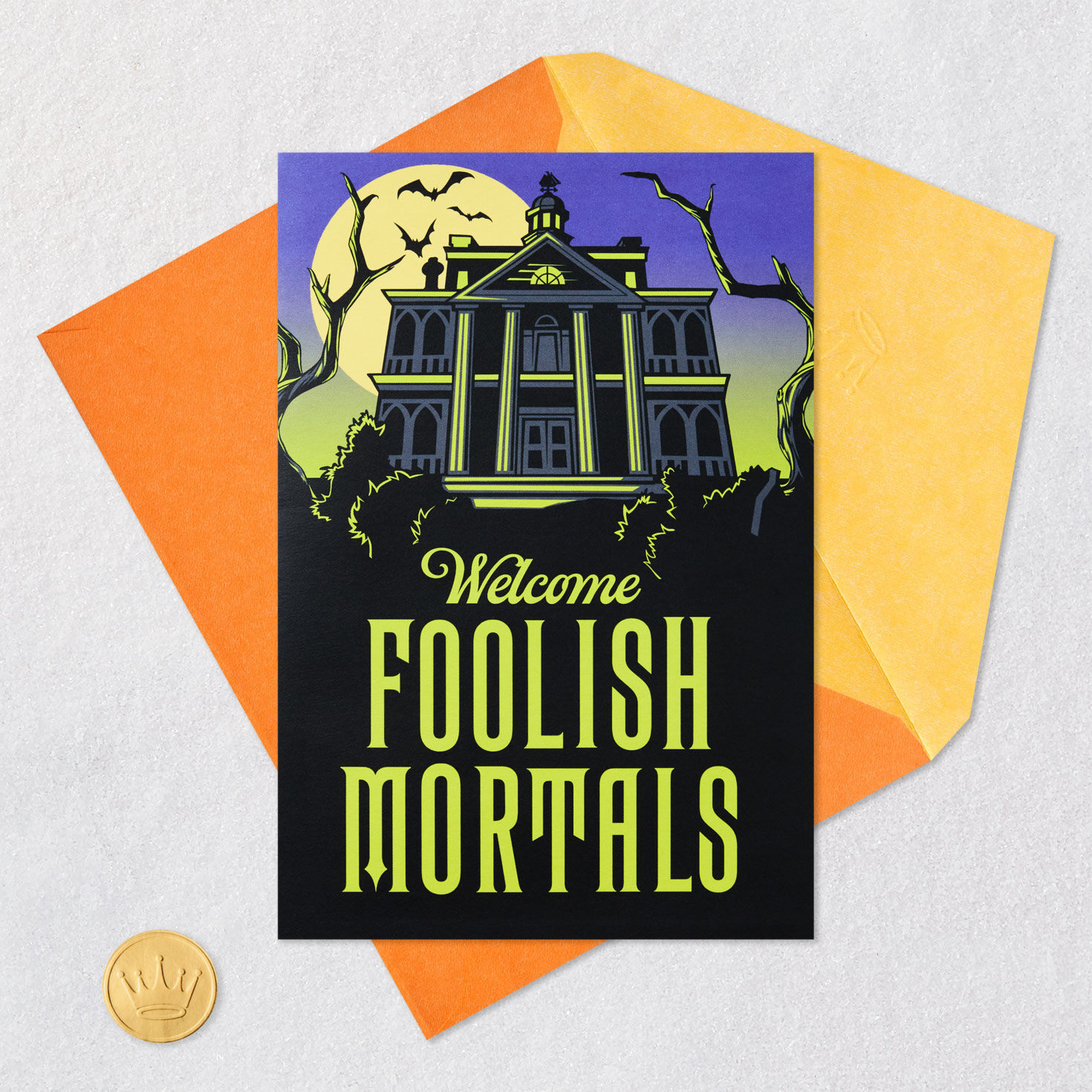Haunted Mansion Purple and Black Halloween Card Card Front with Envelope and Gold Seal image number 6