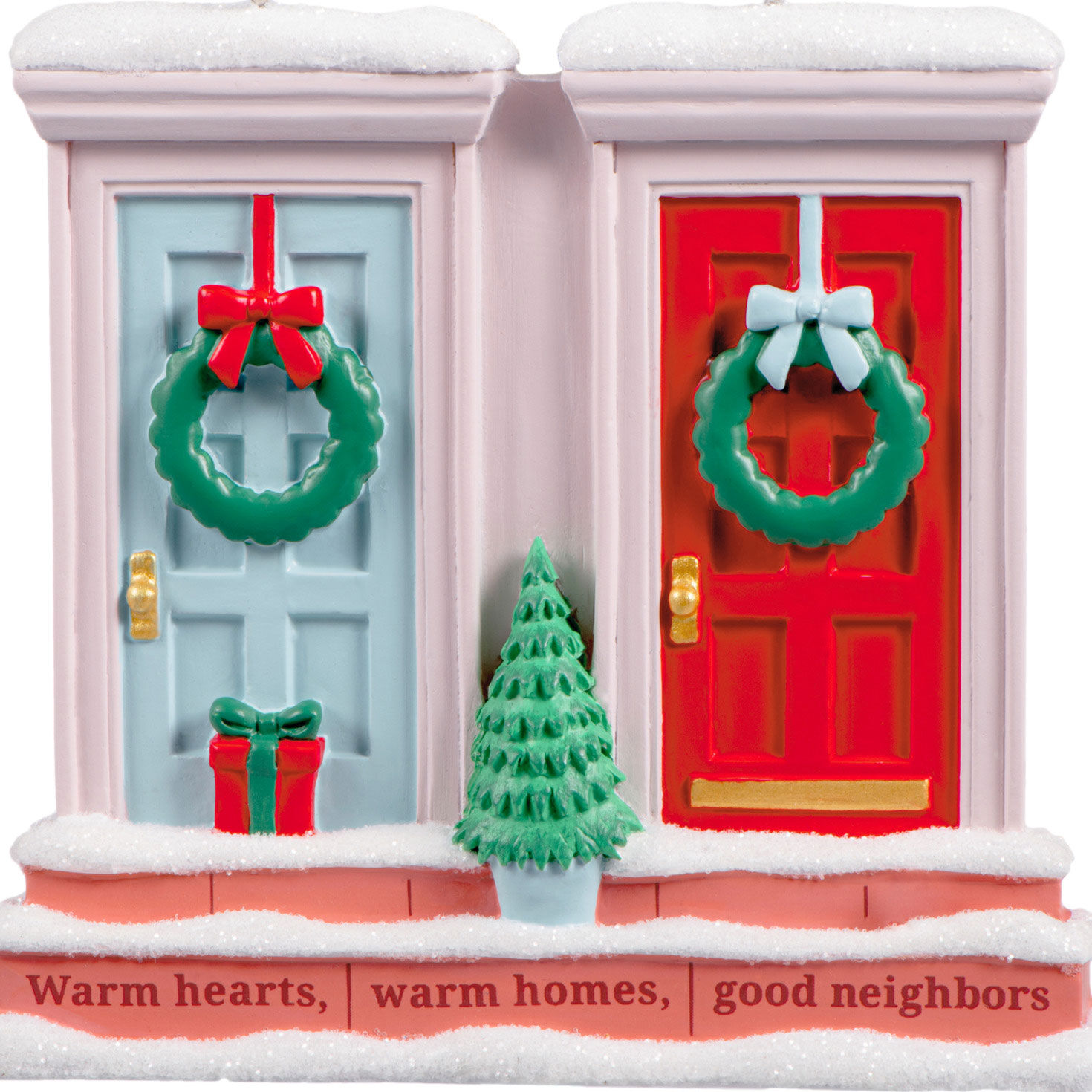 Green Red Neighbor Doors Christmas Ornament closeup view image number 5