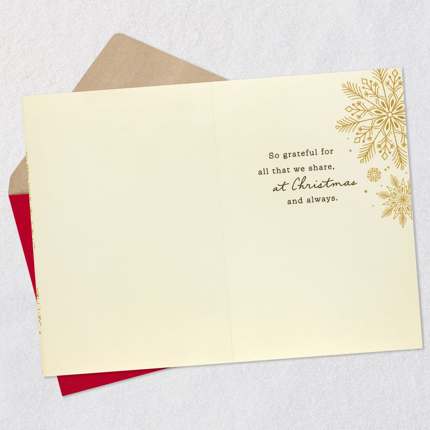 Gold Snowflake Christmas Card for Great-Granddaughter Open card with envelope image number 3