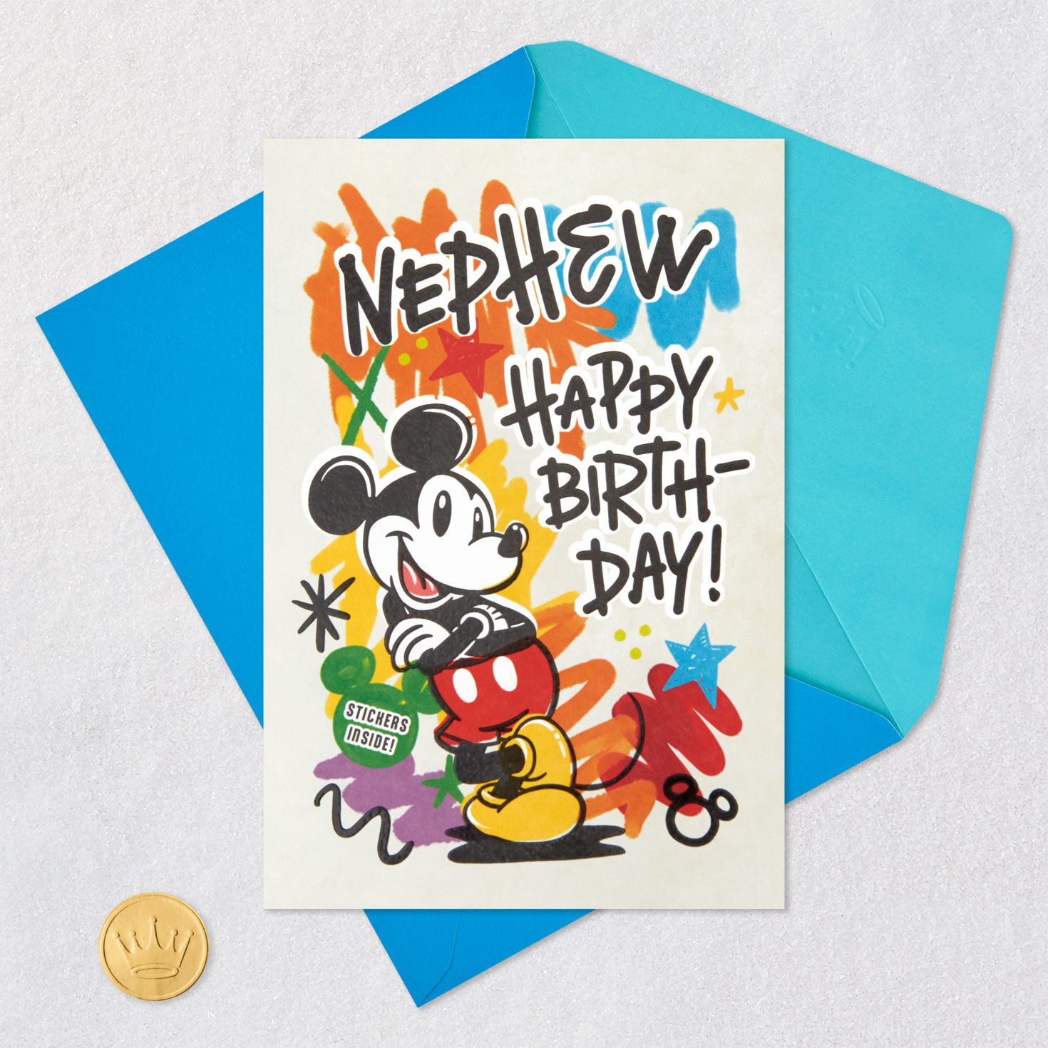 Orange, Blue and Red Doodles Disney Mickey Mouse Birthday Card Card Front with Envelope and Gold Seal image number 6