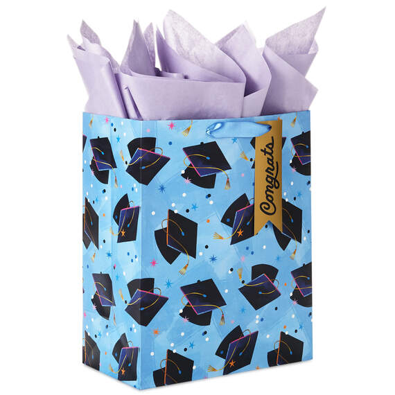 13" Mortarboards on Blue Large Graduation Gift Bag With Tissue Paper