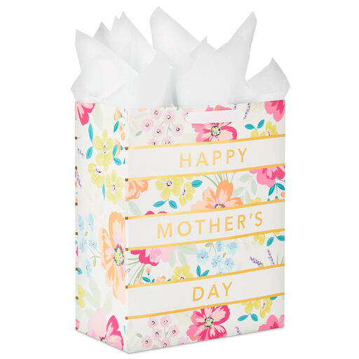 13" Floral Stripe Large Mother's Day Gift Bag With Tissue, 