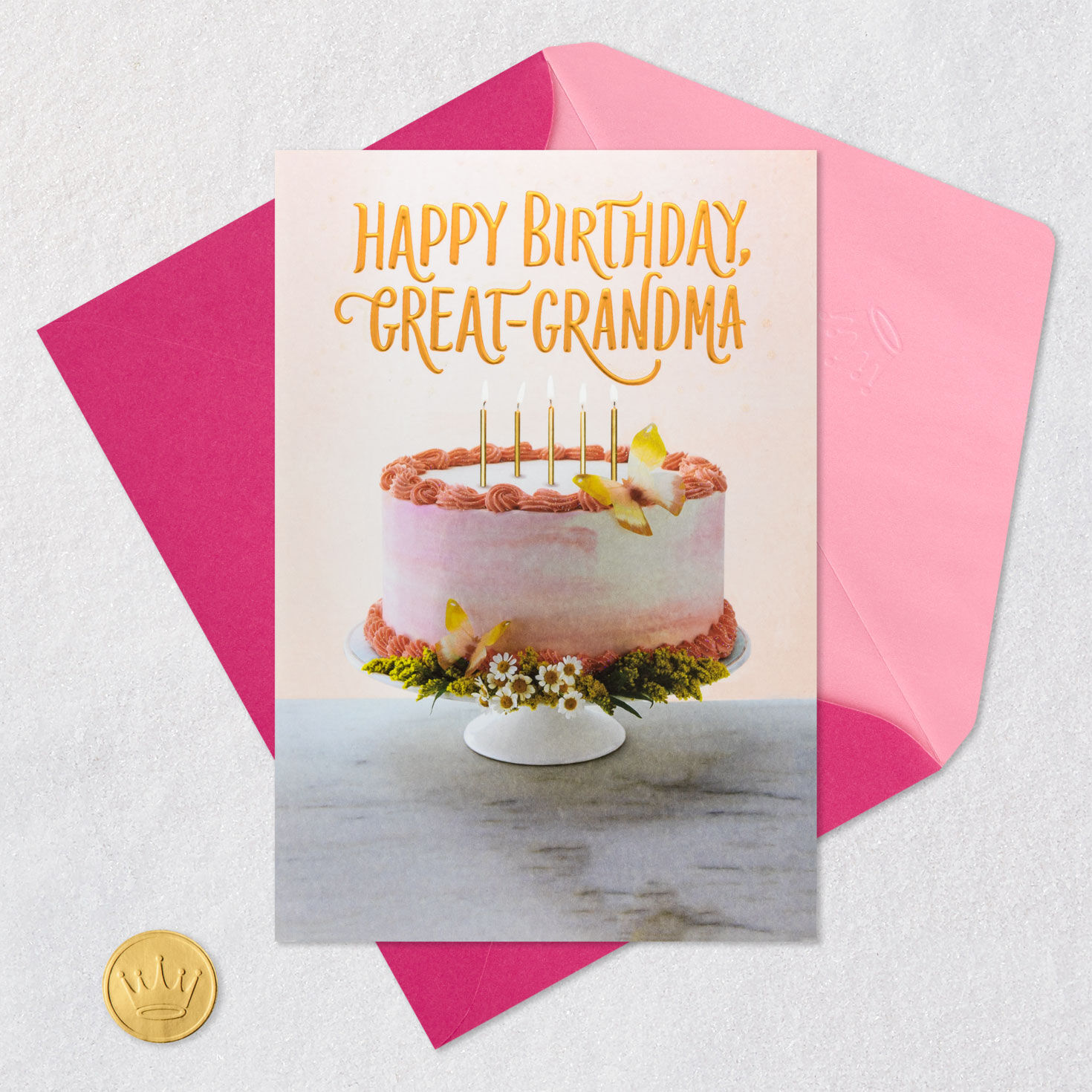 Butterflies on Cake Great-Grandma Birthday Card Card Front with Envelope and Gold Seal image number 6