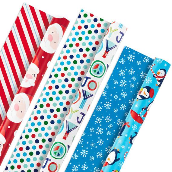 Bright Joy 3-Pack Kids Reversible Christmas Wrapping Paper Assortment, 120 sq. ft.