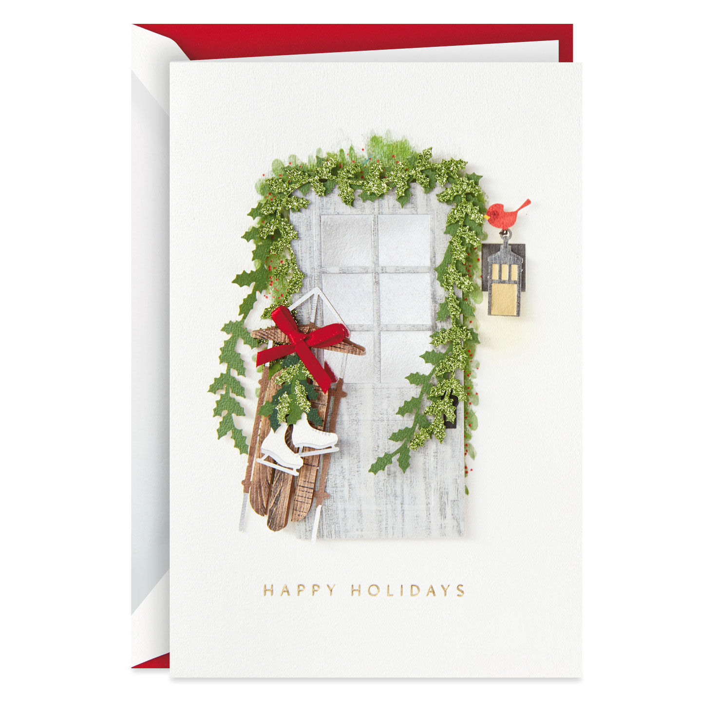 Wood Door With Sled and Ice Skates Boxed Christmas Cards, Pack of 8, , large image number 2