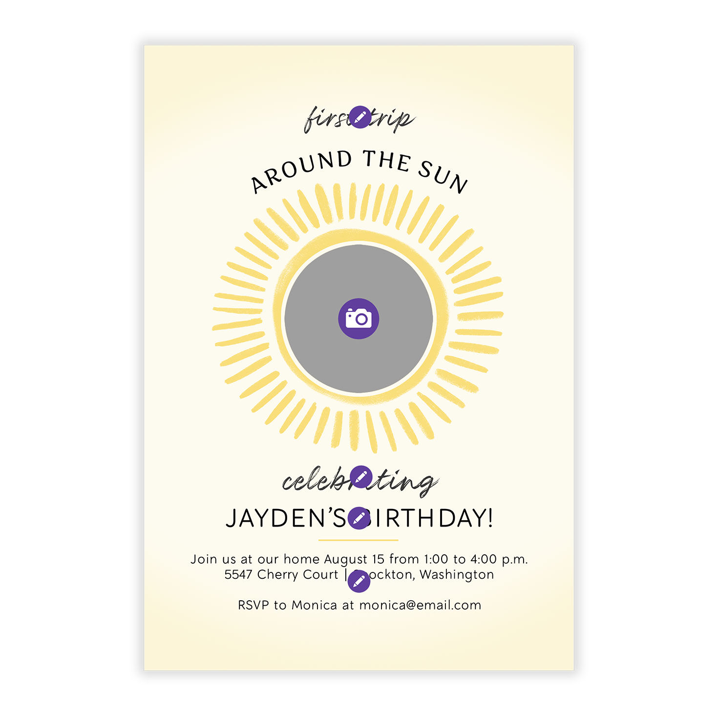 Yellow Sun Personalized Party Invitation Card Front indicating personalization image number 5