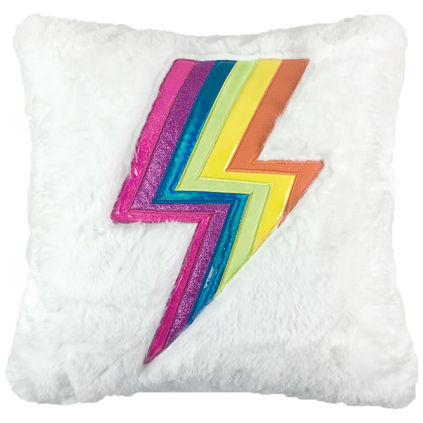 Rainbow Lightning Bolt Furry White Pillow 14x14 Pillows
