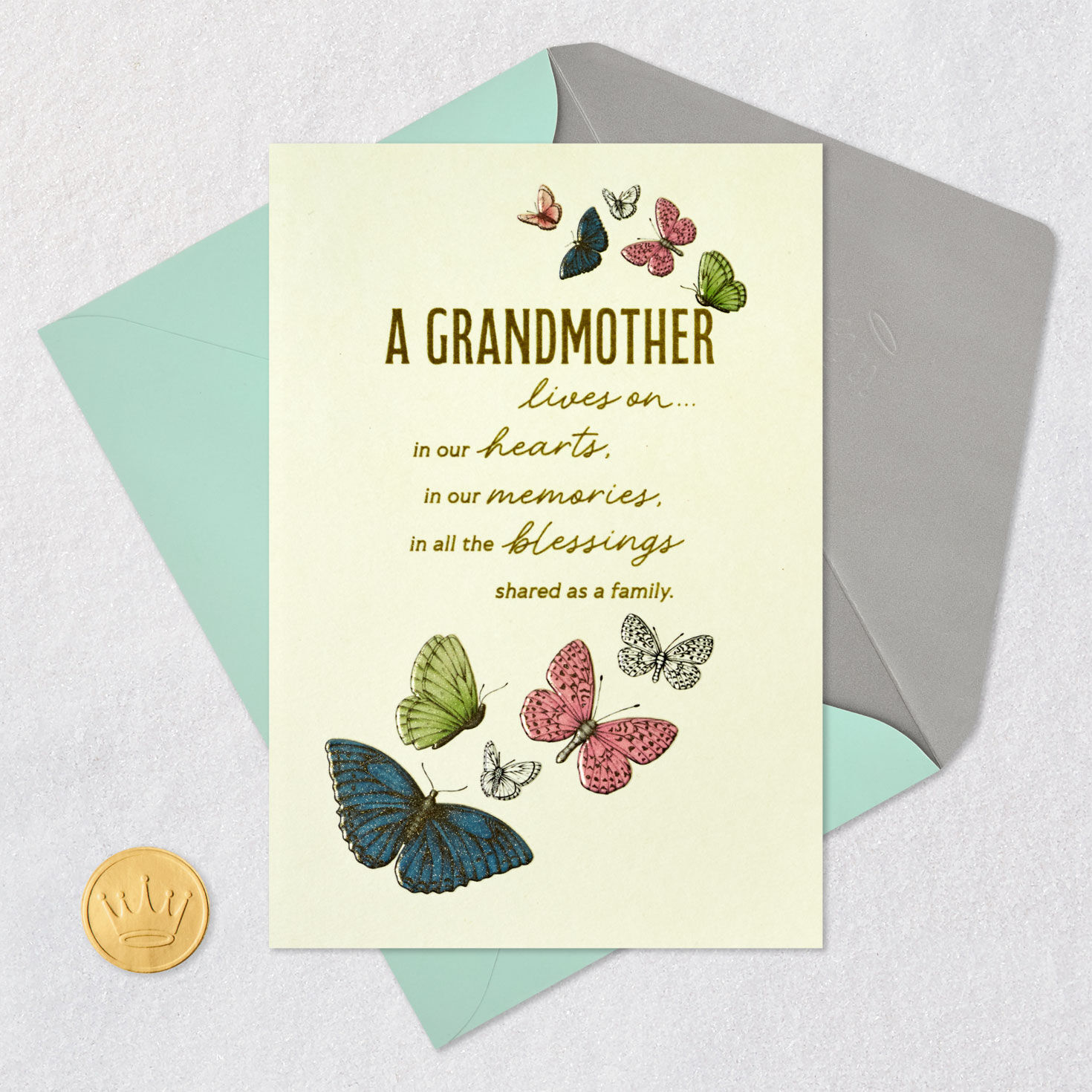 Butterflies Grandmother Sympathy Card Card Front with Envelope and Gold Seal image number 6