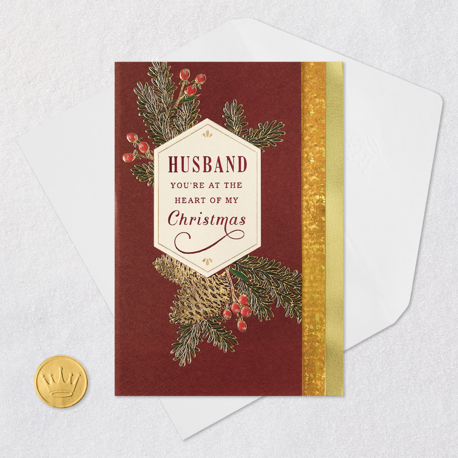 Pine Cones on Red Christmas Card Card Front with Envelope and Gold Seal image number 8