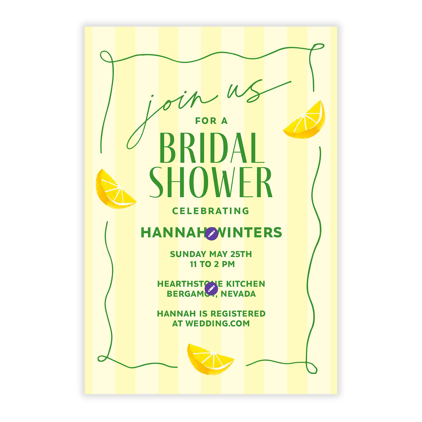 Lemons Yellow Stripes Personalized Shower Invitation Card Front indicating personalization image number 5