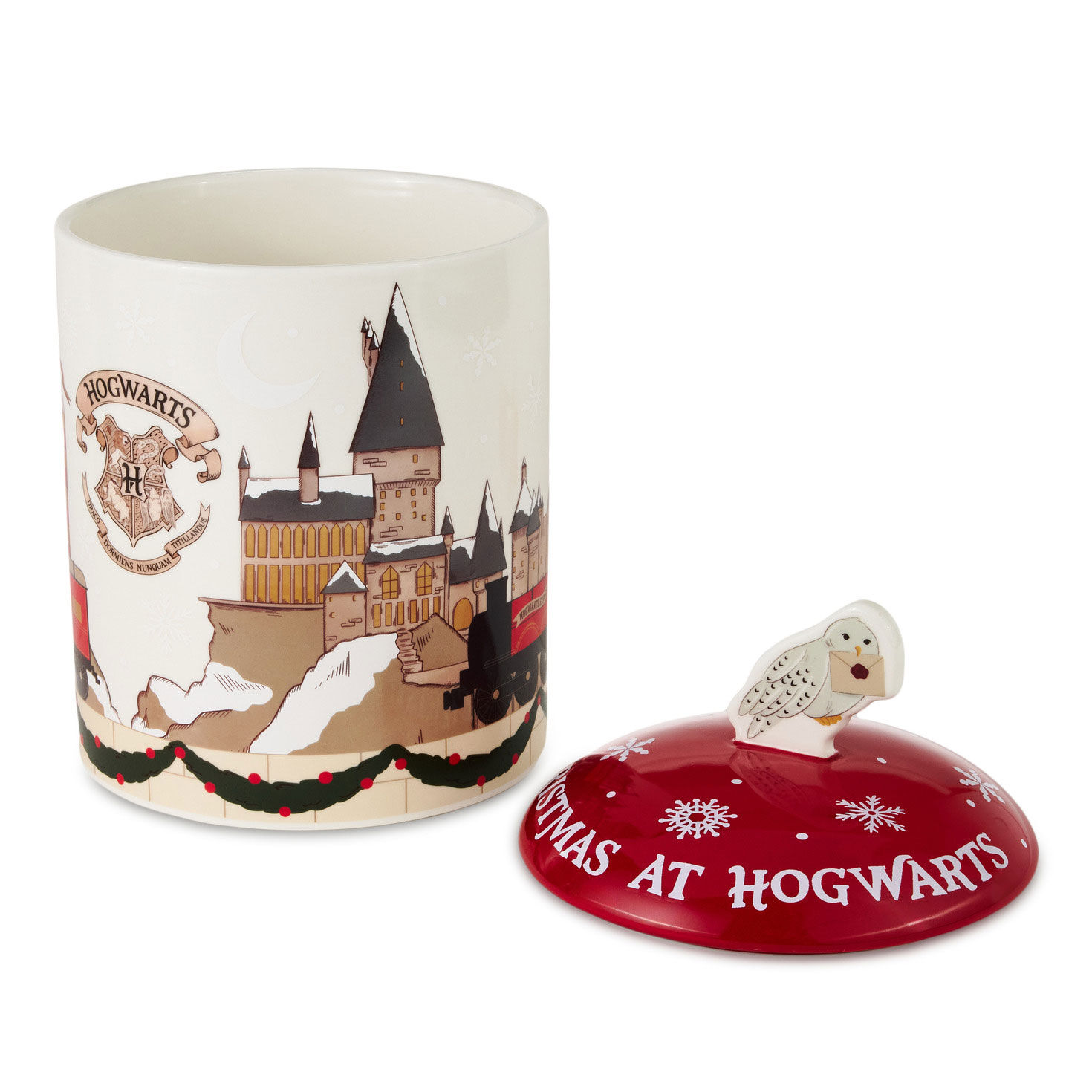 Hogwarts Ceramic Canister With Hedwig Handle front lid off image number 3