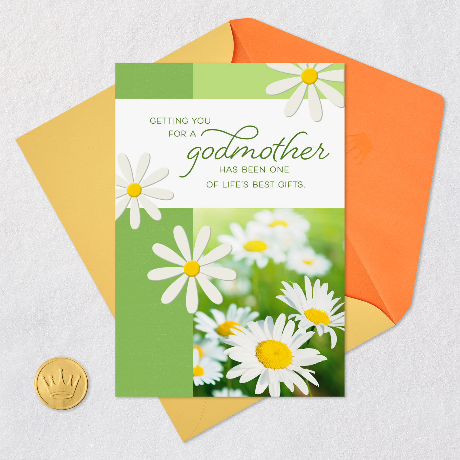 Daisy Flowers on Green Godmother Birthday Card Card Front with Envelope and Gold Seal image number 5