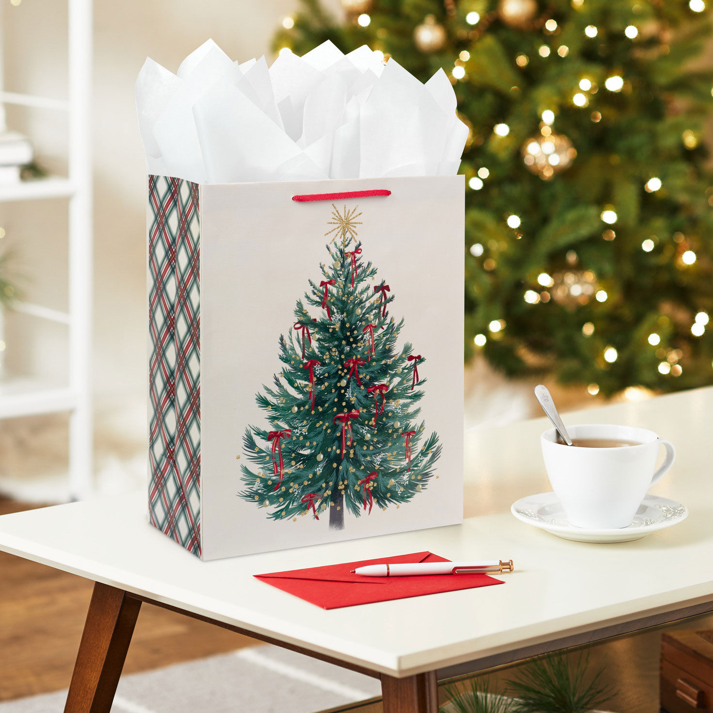 Illustrated Christmas Tree on Cream Large Gift Bag in use image number 2