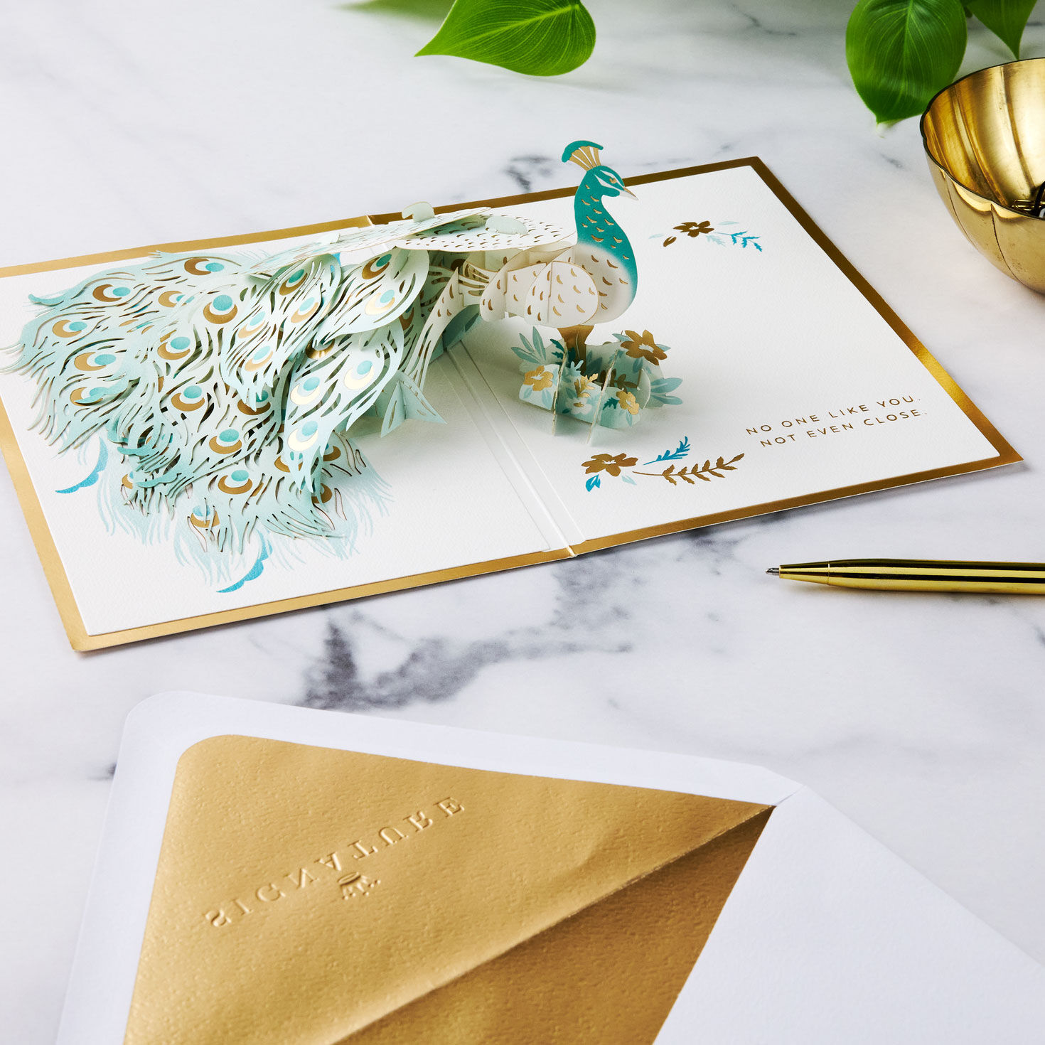 Blue and Green Peacock Encouragement Card Open card with Envelope and Gold Pen image number 8