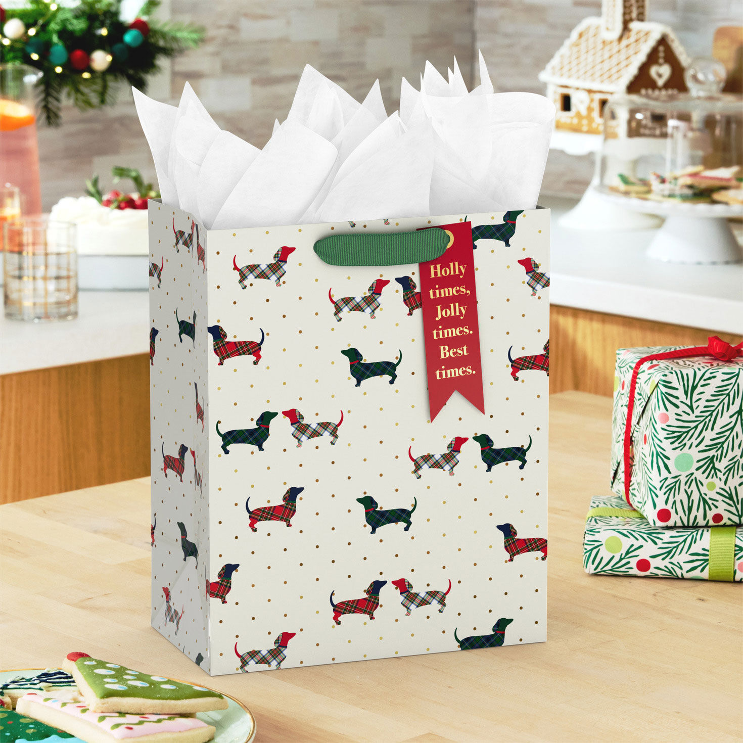 Plaid Dachshunds on Ivory Christmas Gift Bag in use image number 2