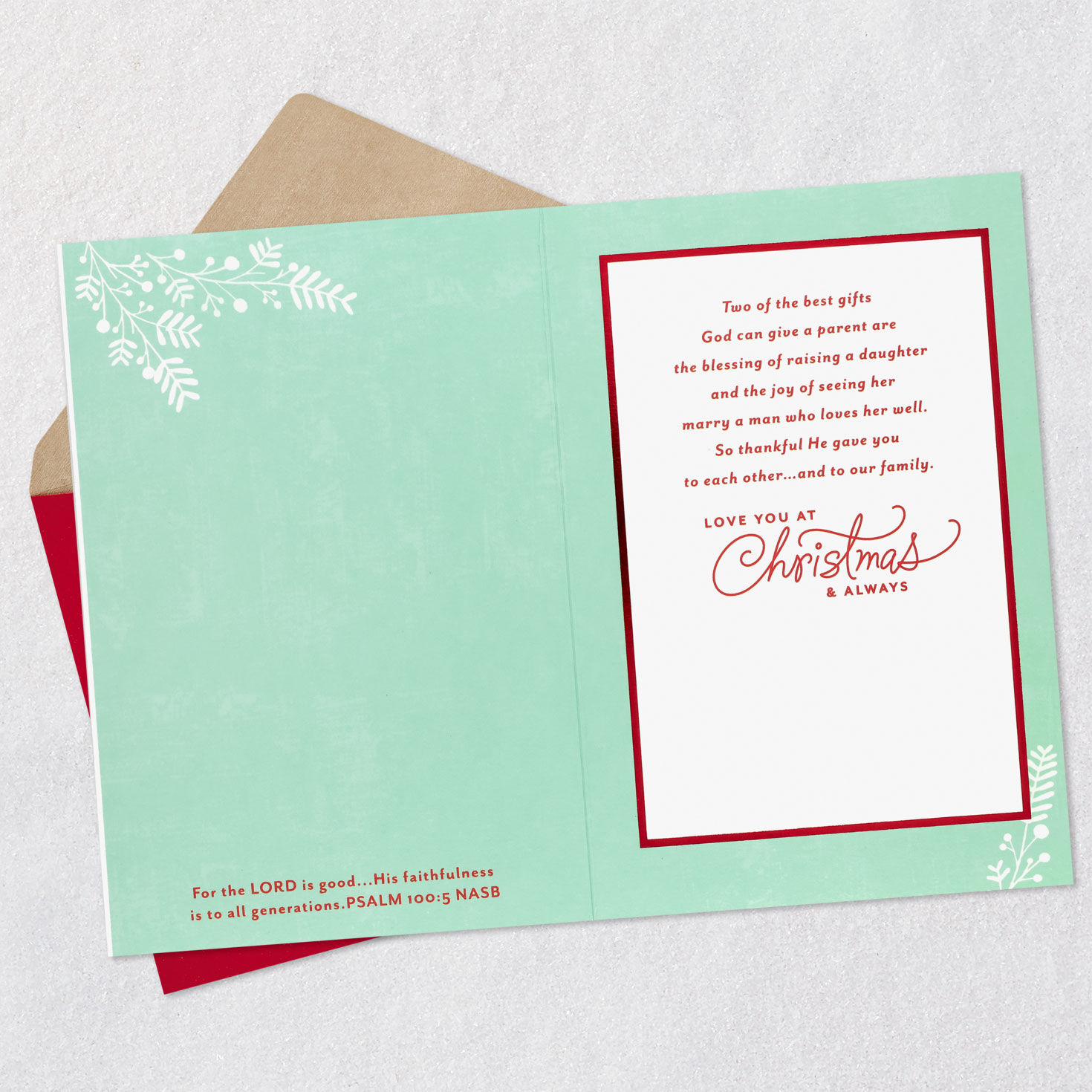 Wreath Daughter and Spouse Religious Christmas Card Open card with envelope image number 4