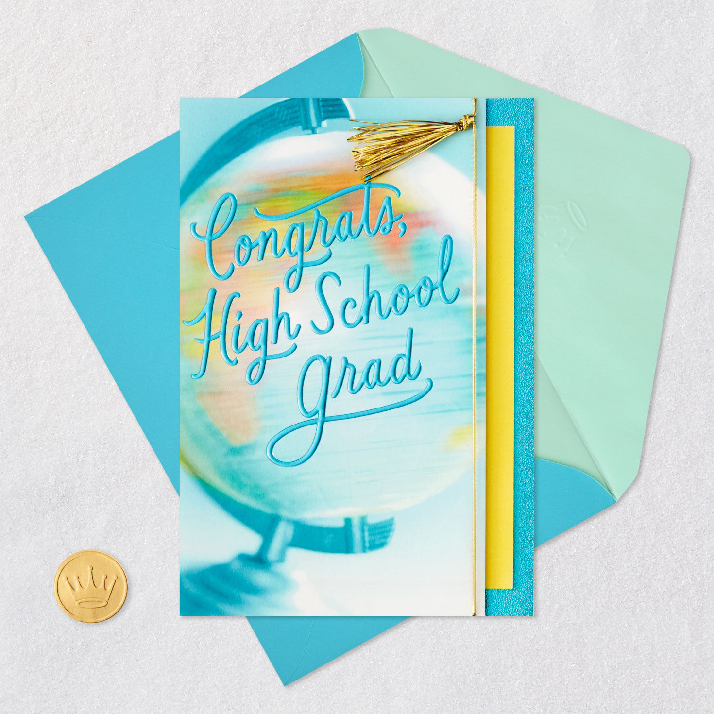Globe With Teal Foil High School Graduation Card Card Front with Envelope and Gold Seal image number 5