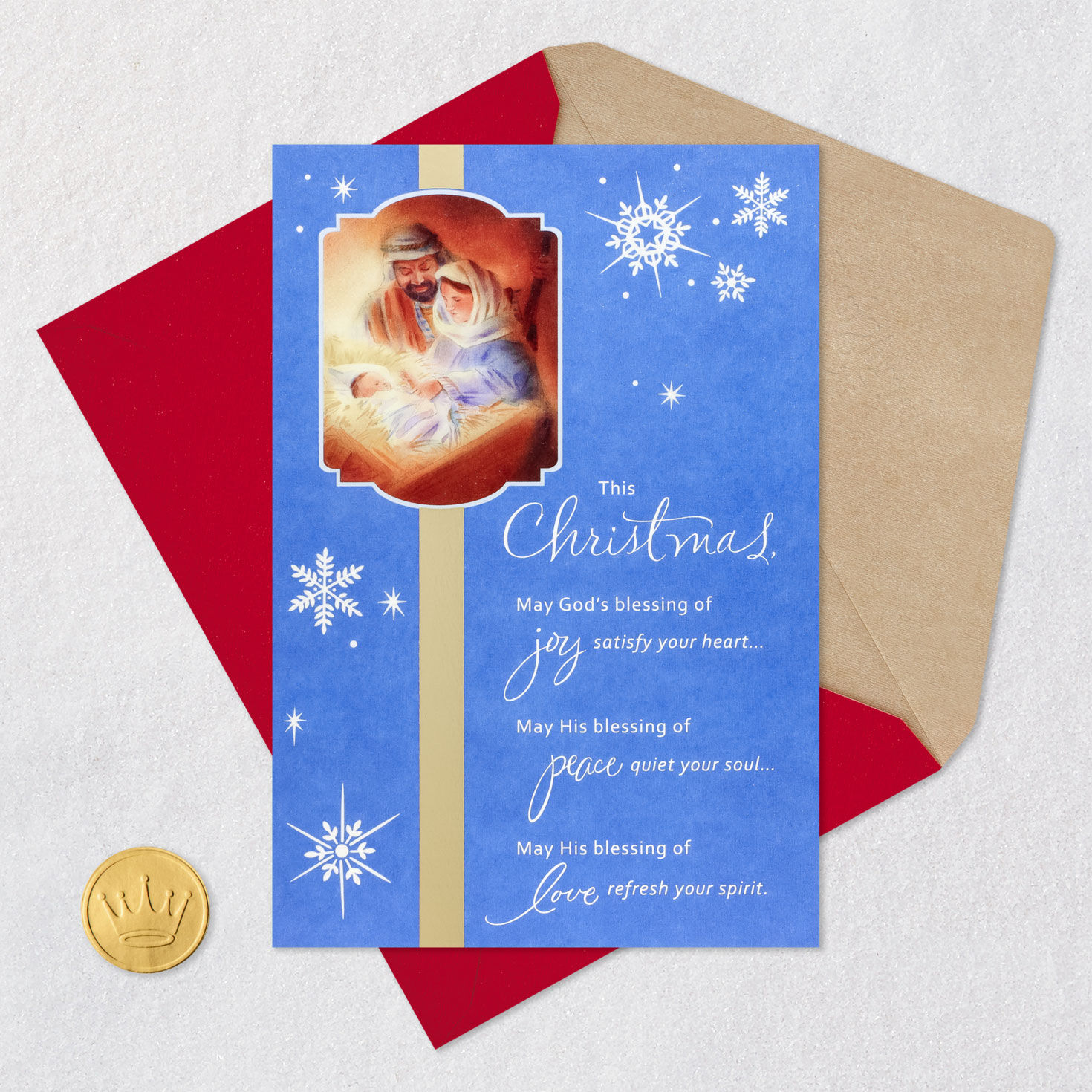 Blue and White Nativity Scene Religious Christmas Card Card Front with Envelope and Gold Seal image number 6