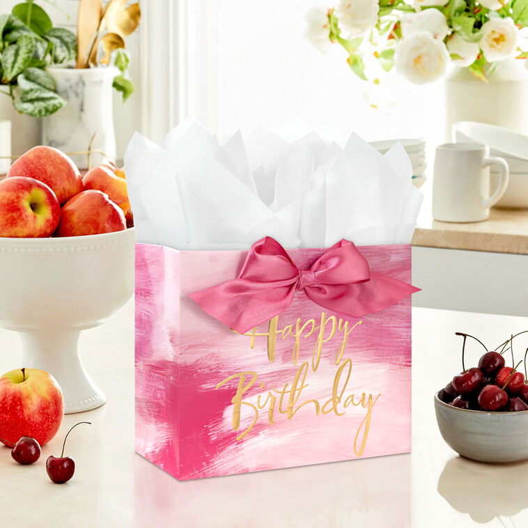 Gold Lettering on Pink Medium Birthday Gift Bag In use image number 2