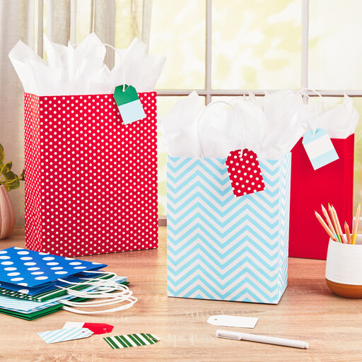 9.7" and 13" Assorted Colorful 7-Pack Gift Bags With Tags, 