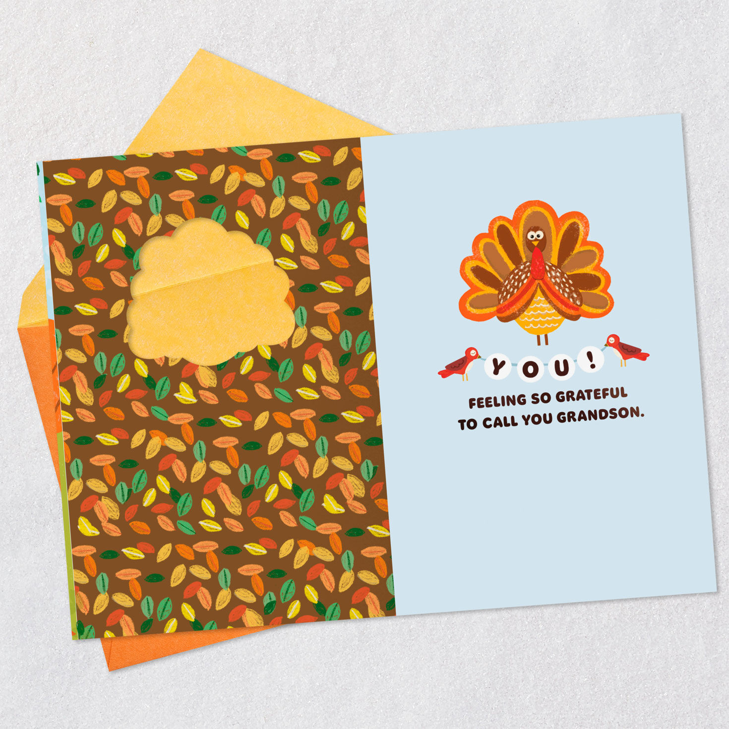 Cute Turkey and Fox Thanksgiving Card for Grandson Open card with envelope image number 3
