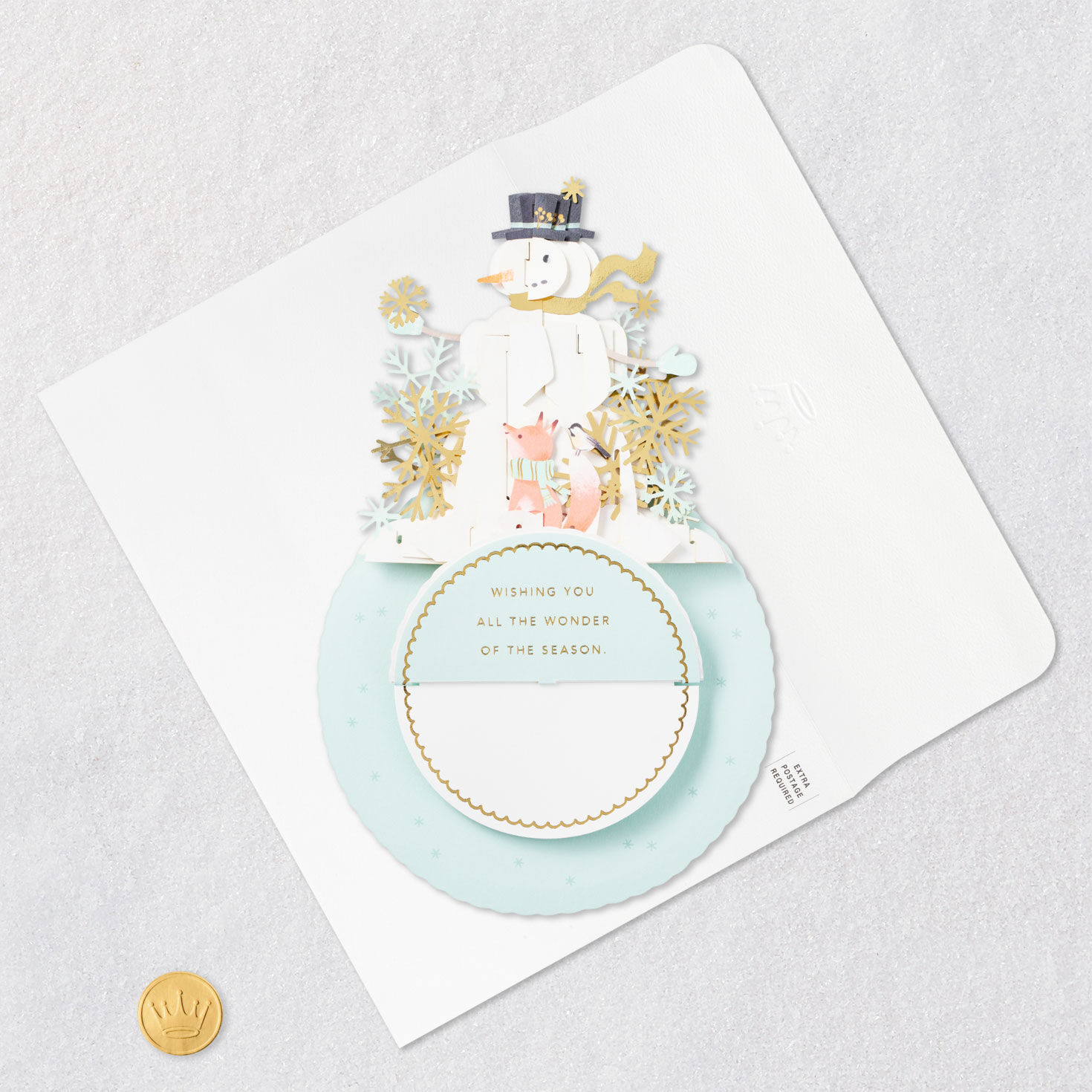 Pop-up Snowman and Fox Christmas Card Card Front flat with Envelope and Gold Seal image number 8