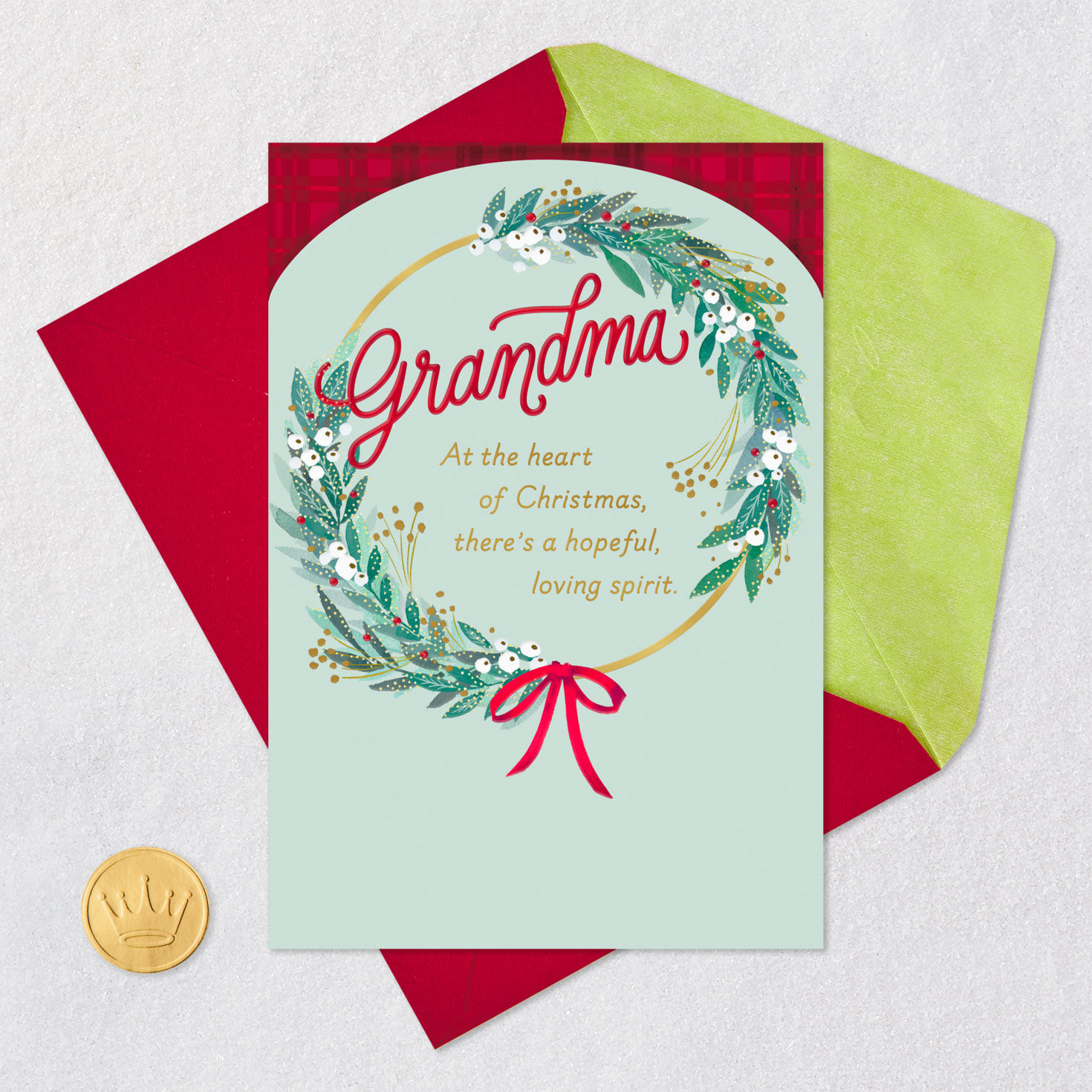 Holiday Hoop Wreath Grandma Christmas Card Card Front with Envelope and Gold Seal image number 6