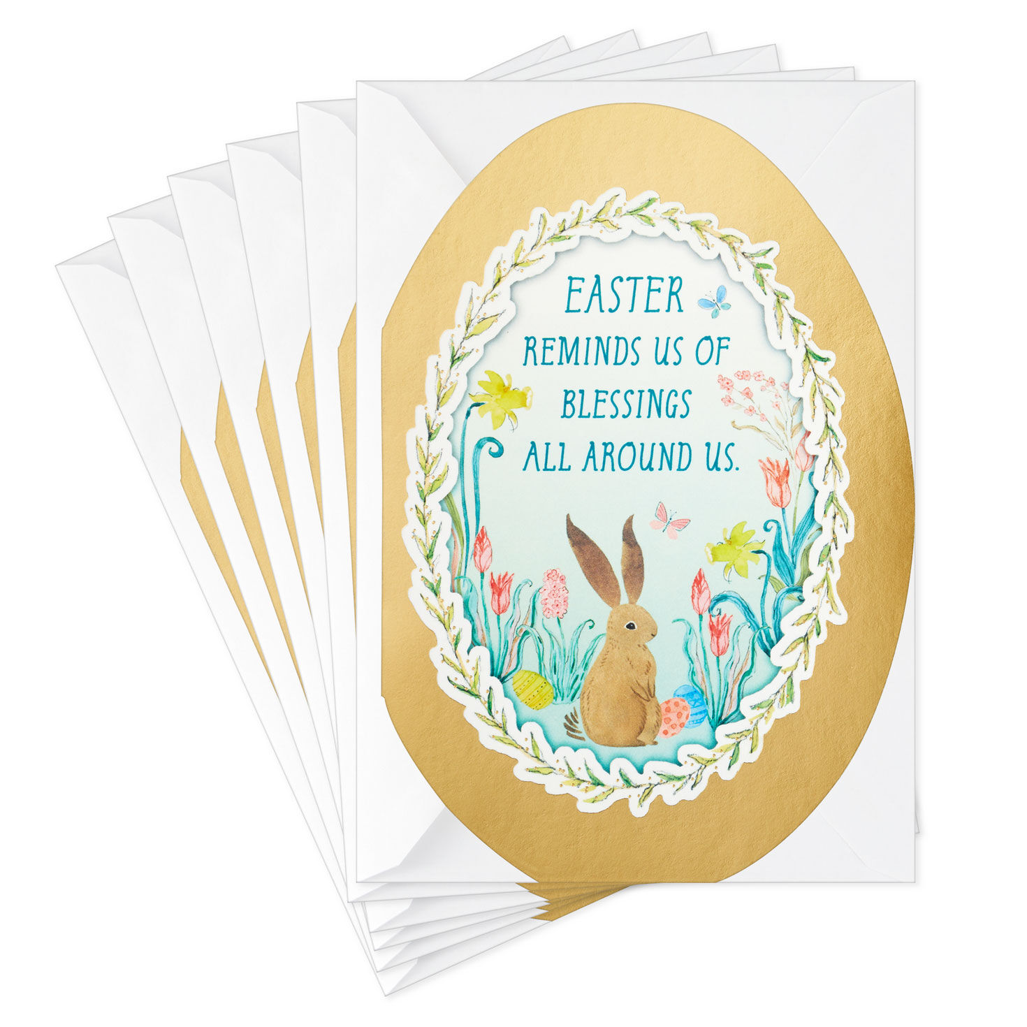 Oval Bunny and Flowers Easter Cards, Pack of 8