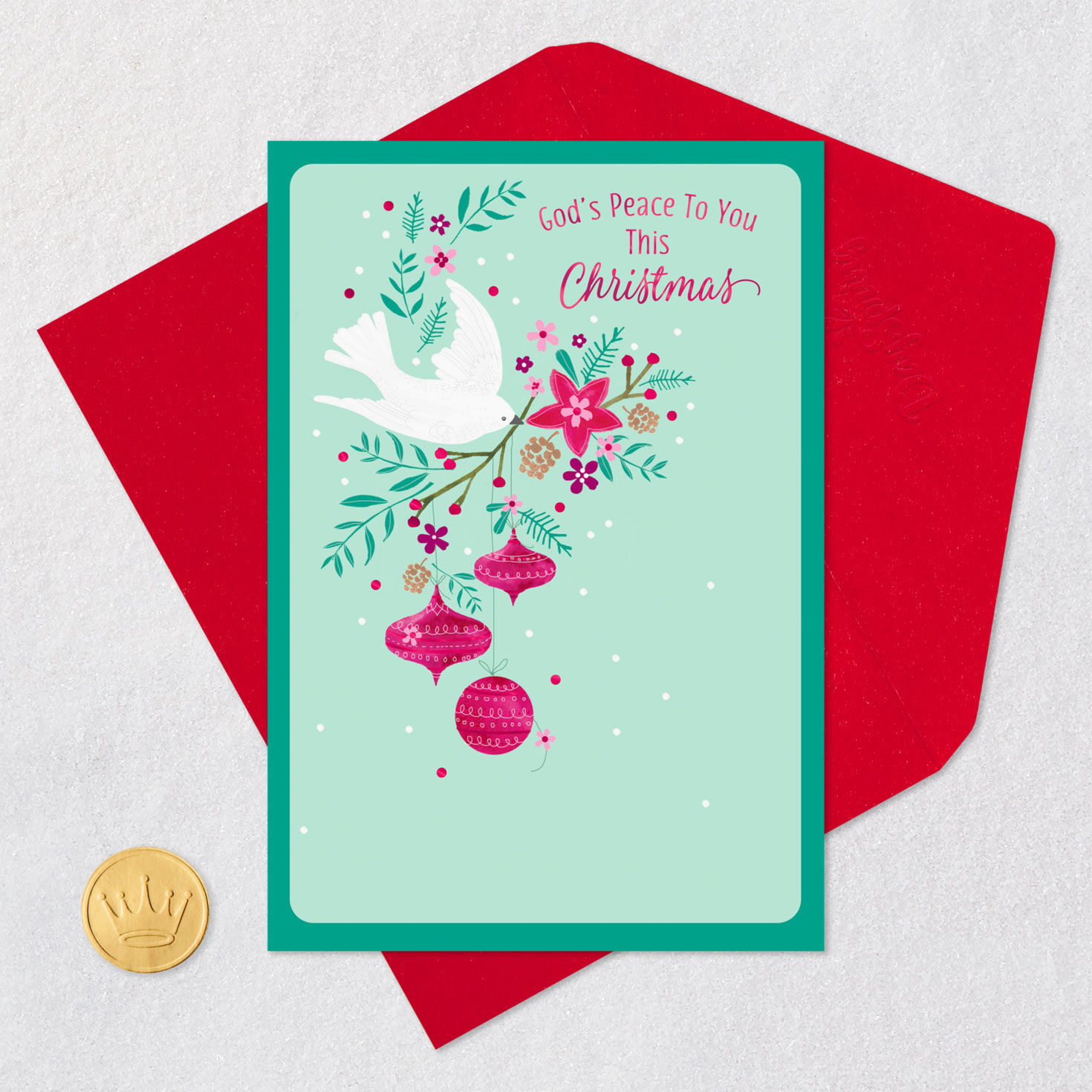 Dove with Pink Ornaments on Green Religious Christmas Card Card with envelope and Seal image number 6