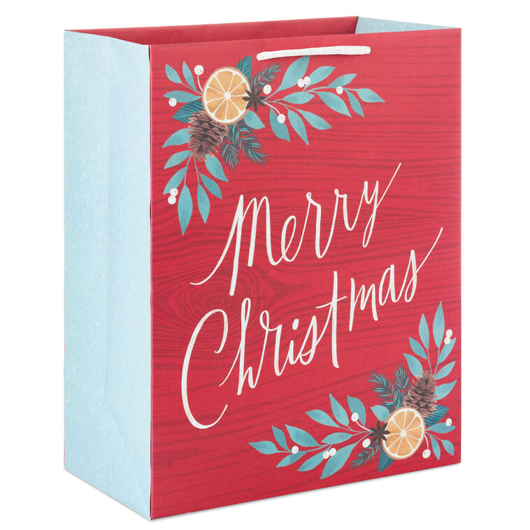 13" Merry Christmas With Greenery on Red Large Gift Bag
