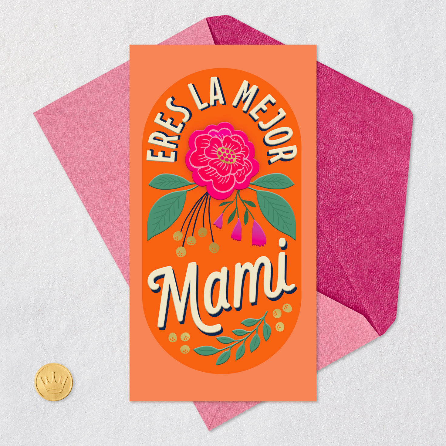 Pink Flower on Orange Mami Mother's Day Card in Spanish Card Front with Envelope and Gold Seal image number 6