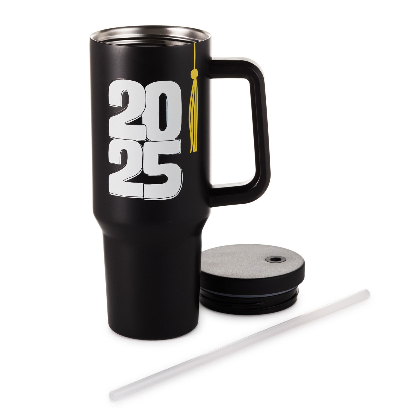 Class of 2025 With Tassel Black Metal Cup With Straw lid off image number 3