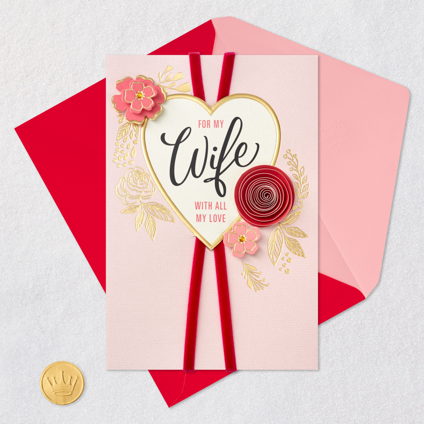 Heart and Flowers Wife Valentine's Day Card Card Front with Envelope and Gold Seal image number 6