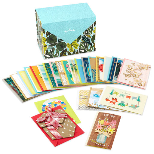 Premium Assorted Handmade All-Occasion Cards in Leaf Print Organizer, Box of 24, 