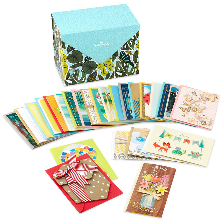 Premium Assorted Handmade All-Occasion Cards in Leaf Print Organizer, Box of 24