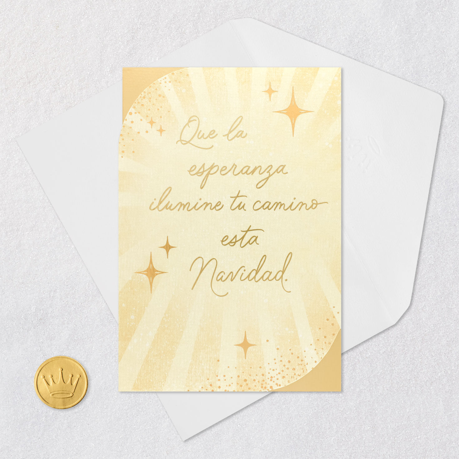 Elegant Gold Starburst Christmas Card in Spanish Card Front with Envelope and Gold Seal image number 5