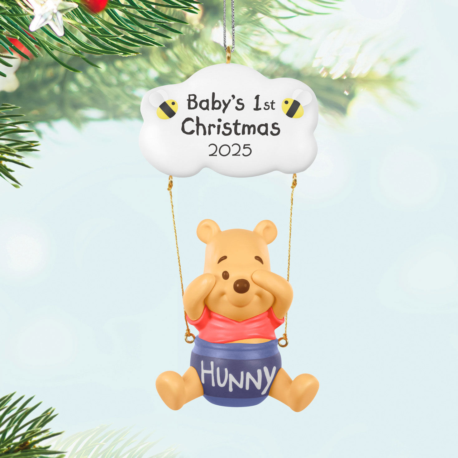 Pooh in Hunny Pot Baby's First Keepsake Ornament Hanging on tree image number 2