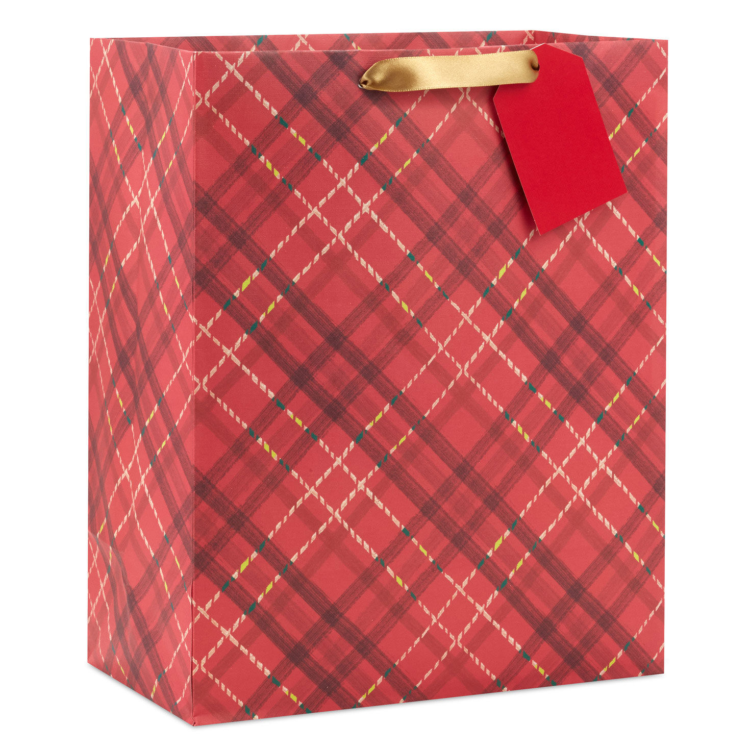 13" Dark Red Plaid Large Holiday Gift Bag