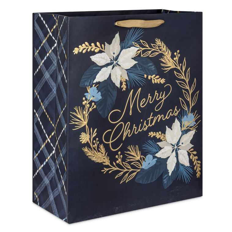 15.5" Merry Christmas Wreath on Navy Extra-Large Gift Bag
